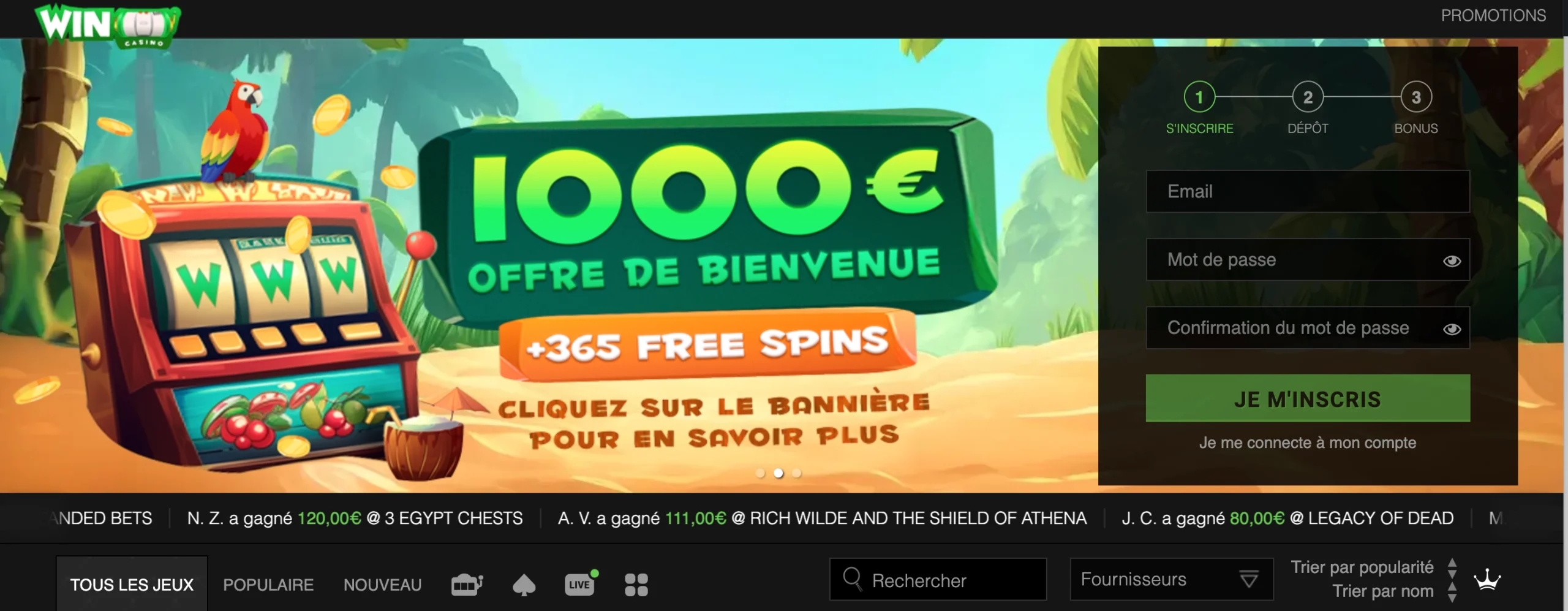 Interface de Winoui Casino sur mobile